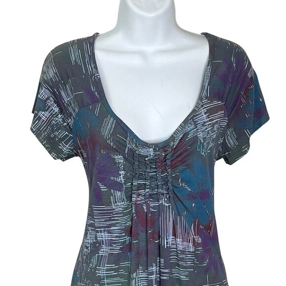 Fresh Produce Stretch Dress Size Small Pullover V-Neck Ruched Gray Purple Floral - Picture 3 of 9